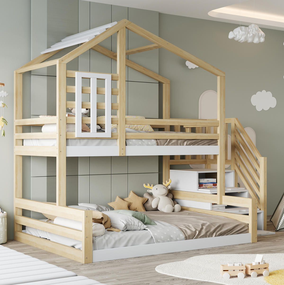 POSCHODOVÁ posteľ 90/200 a 140/200 cm prírodná z borovicového dreva a MDF s úložnými schodmi a oknom - prírodná farba, drevo (90/200cm) - OKWISH