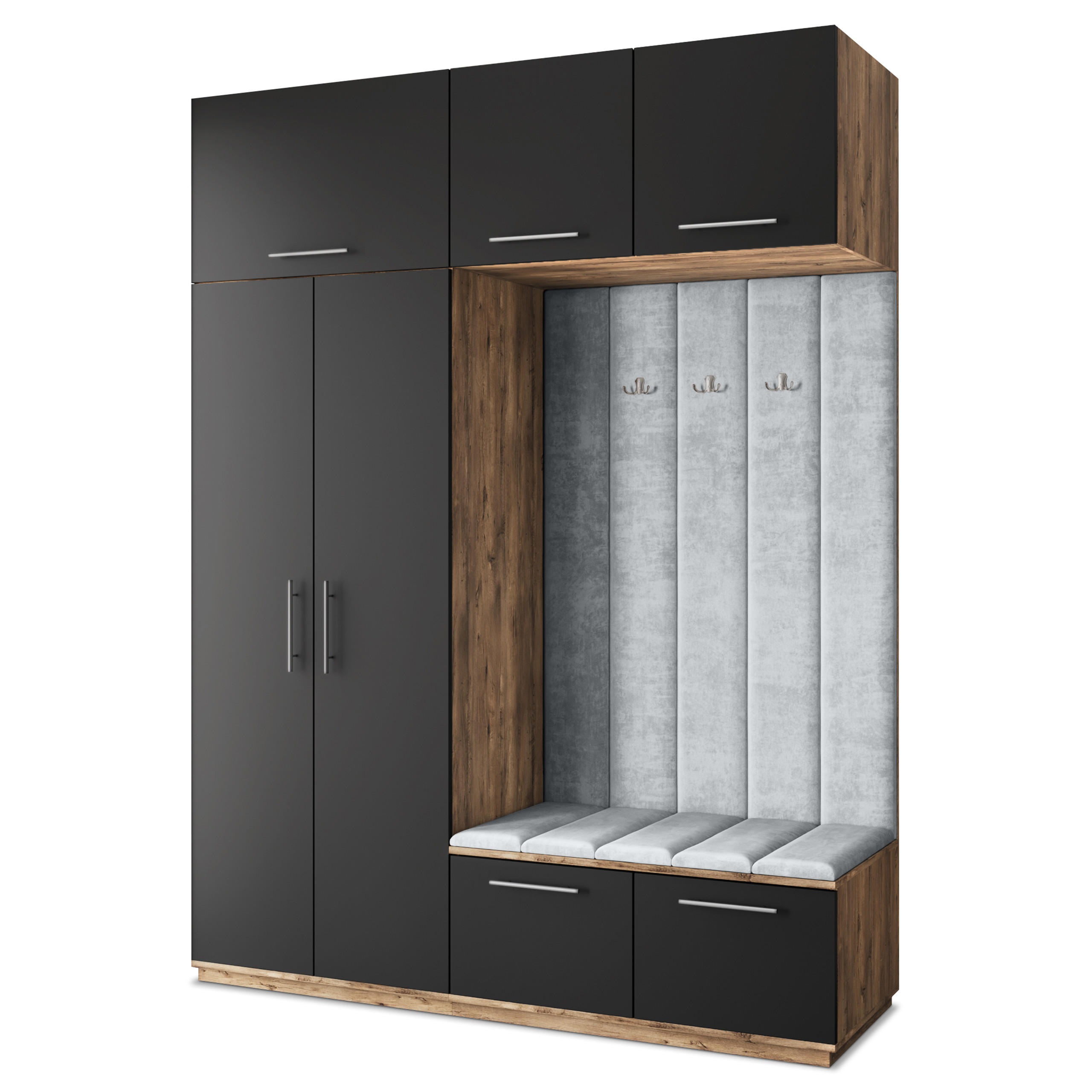 Masseno Garderobenschrank Eiche, Schwarz, Hellgrau 180x240x60 cm