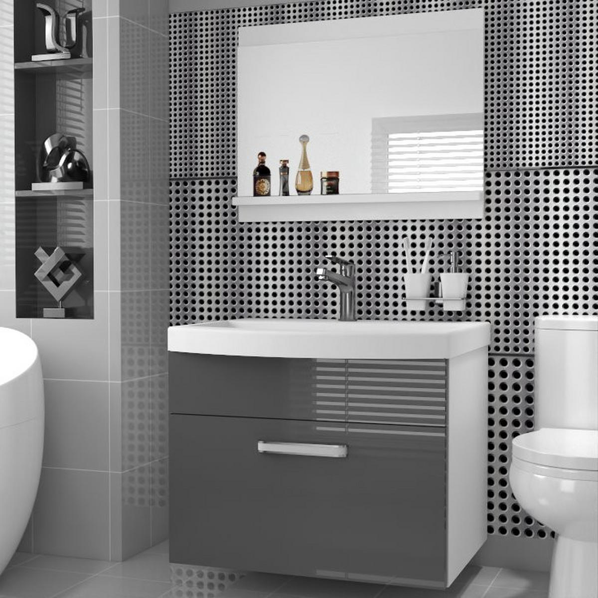 BADMÖBEL Badezimmer SET PRI P1, Grau Hochglanz, 60 cm - Hellgrau, Holz (38.7/51/60cm) - B BELINI GROUP