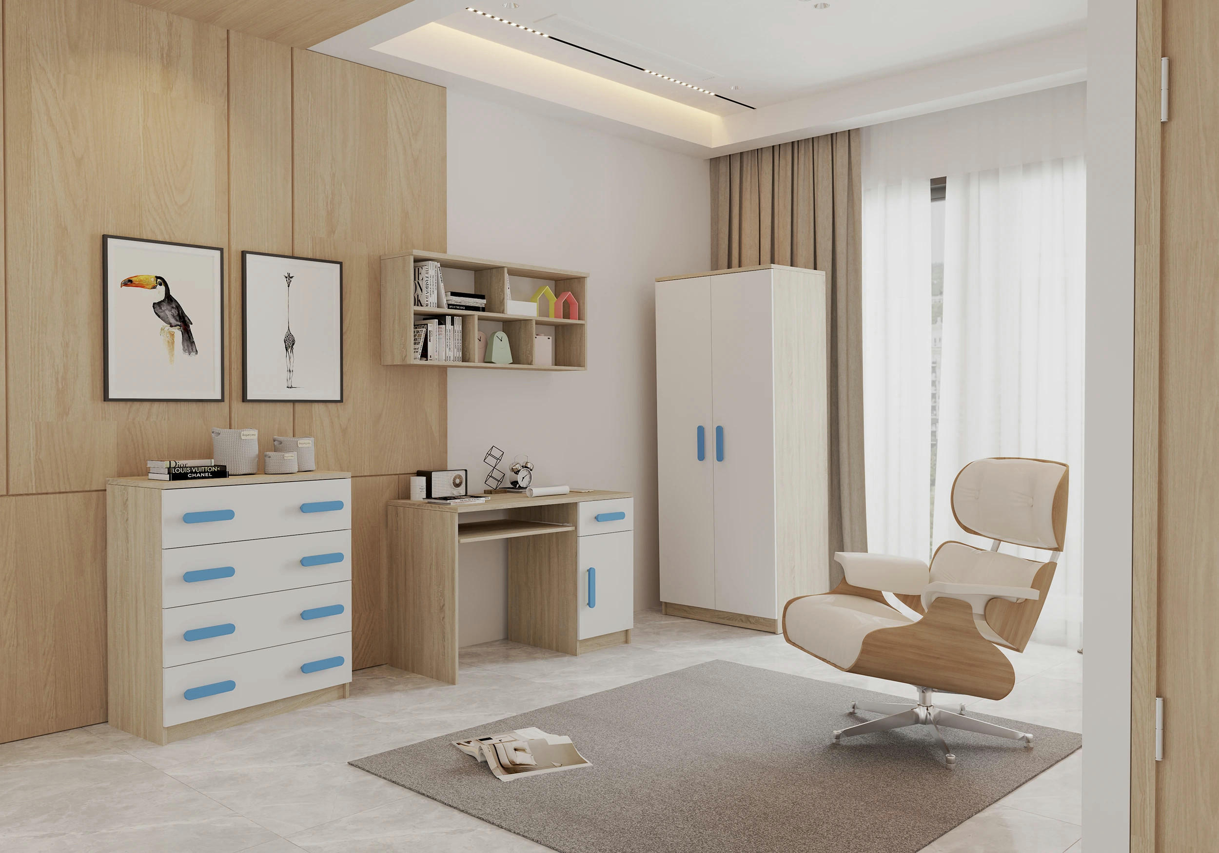 JUGENDZIMMER Elora in Eiche und Weiß – 4-teiliges Set mit Schreibtisch, Kommode, Wandregal und Schrank – Grifffarbe Blau - Braun, Holzwerkstoff (80/200/120cm)