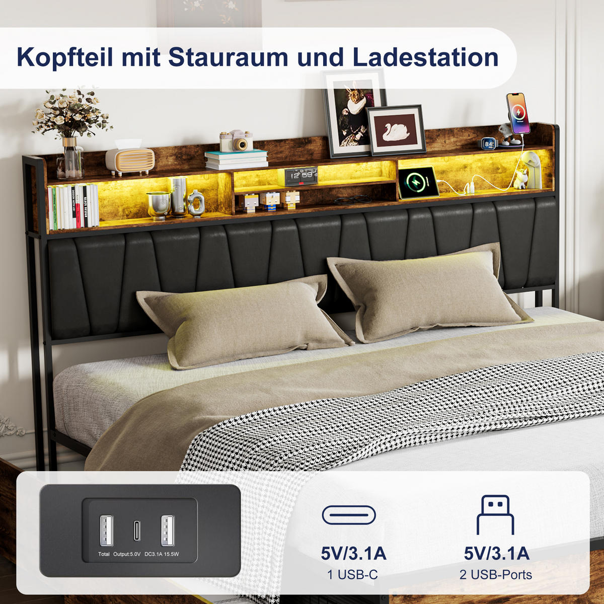 POLSTERBETT 180x200 cm, 4 Stauraumschubladen, LED-Leiste, Doppel-USB, in Braun - Braun, Holz (180/200cm) - BRILVERDE