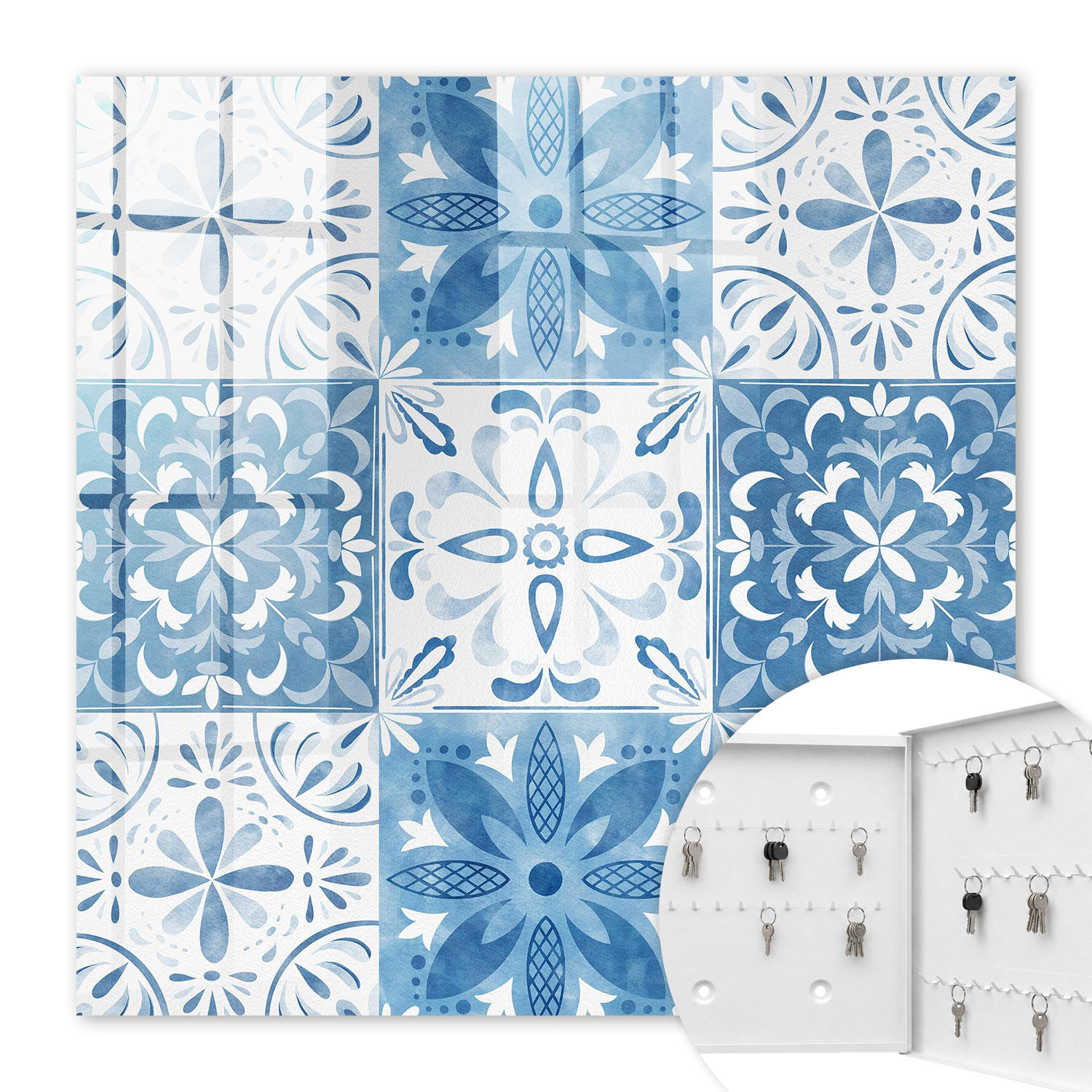 SCHLÜSSELBOX Weiß 30x30 cm – Türöffnung nach rechts - Geometrische Fliesen - Blau, Metall (30/30/5cm) - TULUP