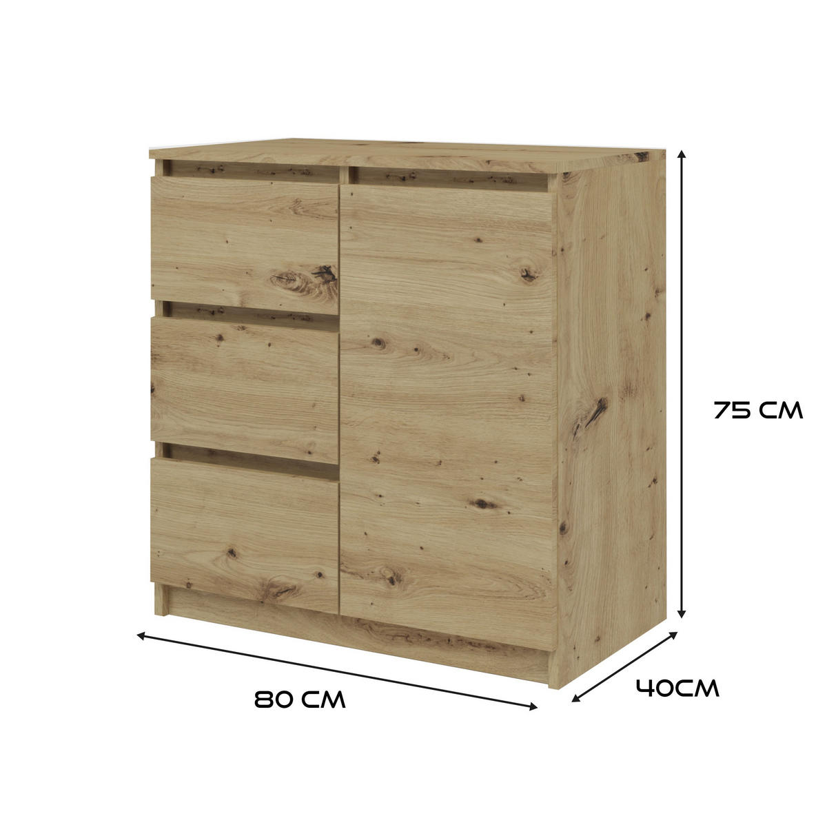 KOMMODE 1D3S SCHRANK 1 TÜR 3 SCHUBLADEN EICHE ARTISAN - Eiche Artisan, Holzwerkstoff (80/75/40cm) - CDF