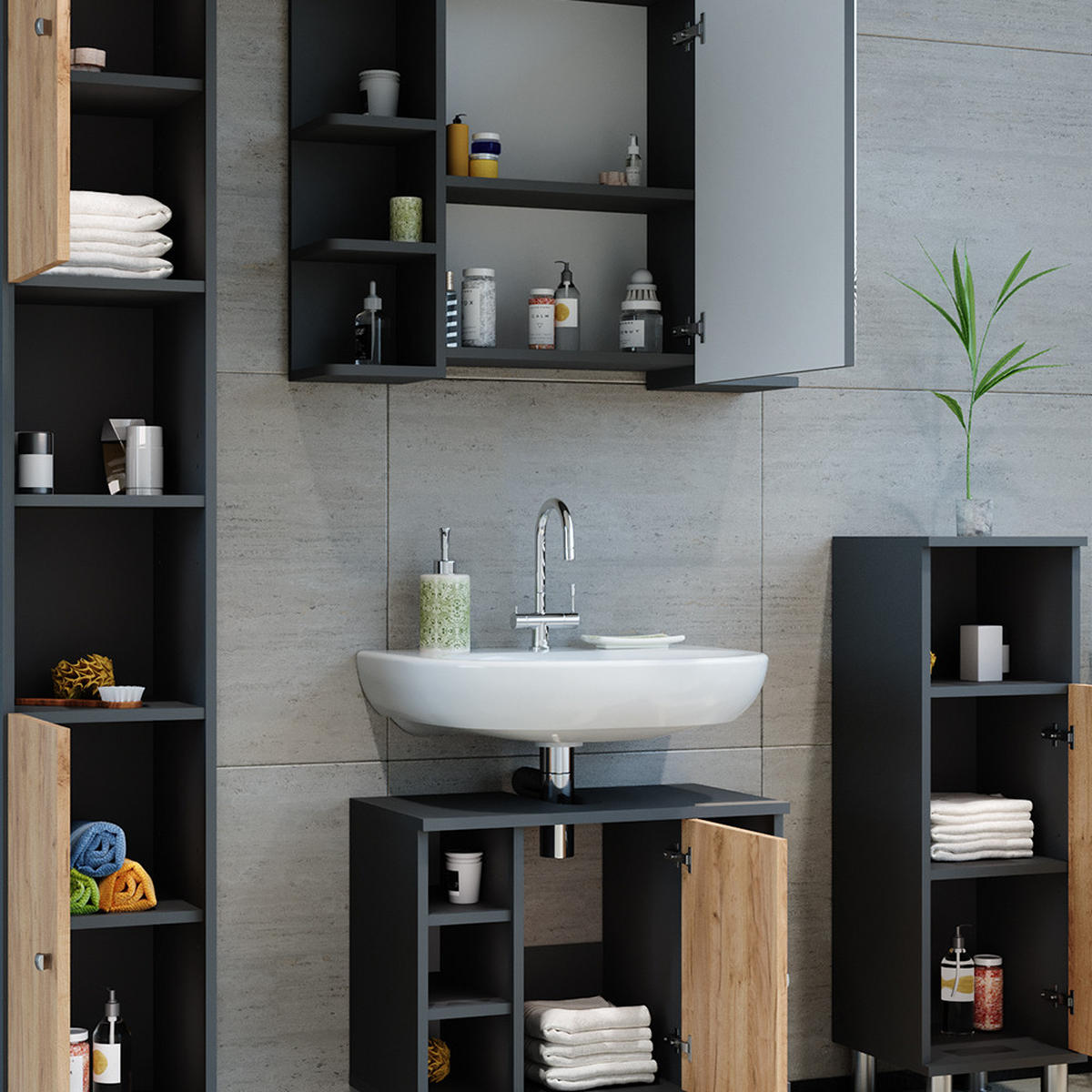 BADMÖBEL-SET Fynn Anthrazit/Goldkraft Eiche 4 Teile - Honigeiche/Anthrazit, Holzwerkstoff (60/54/32cm) - Vicco