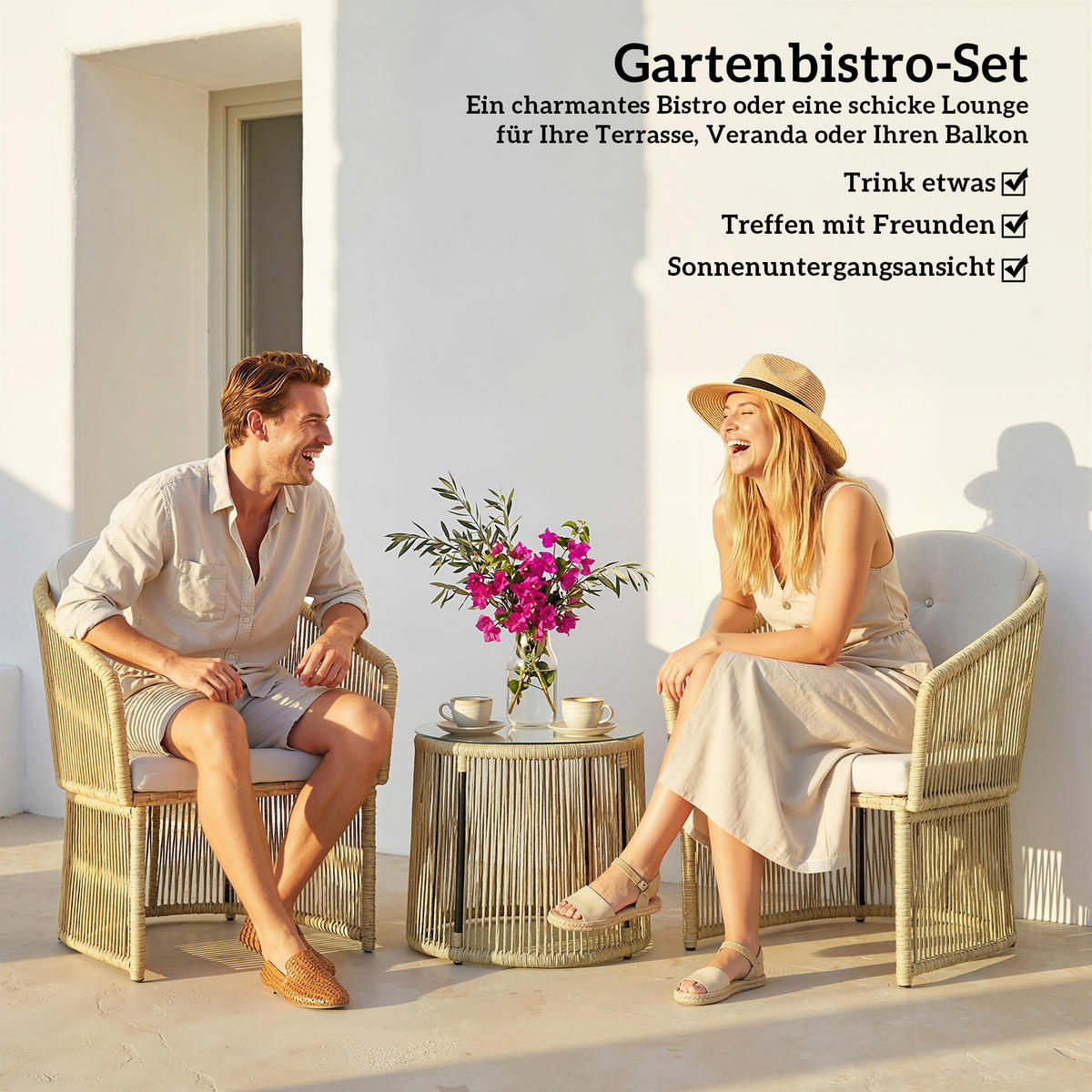 RATTAN-BISTRO-SET PE-Rattan Cremeweiß - Transparent/Creme, Kunststoff/Textil - Outsunny