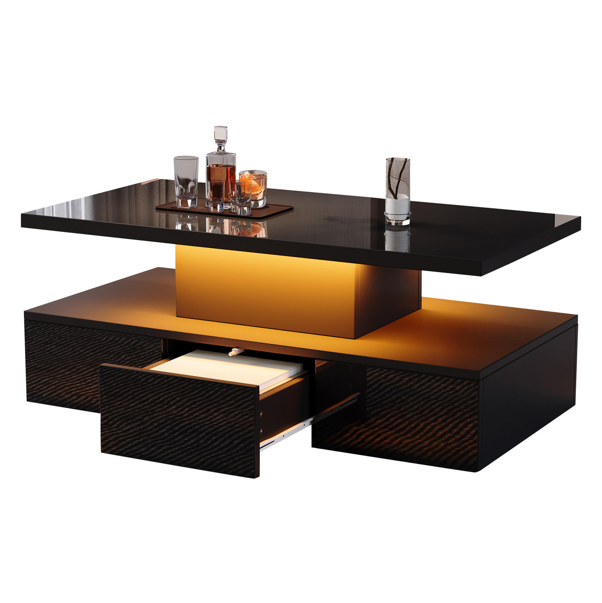 COUCHTISCH aus Spanplatte 100x50x39 cm Schwarz mit LED-Beleuchtung, Hochglanzfront, offenem Regal und 1 Schublade - Schwarz, Holzwerkstoff (100/50/39cm) - Modfu
