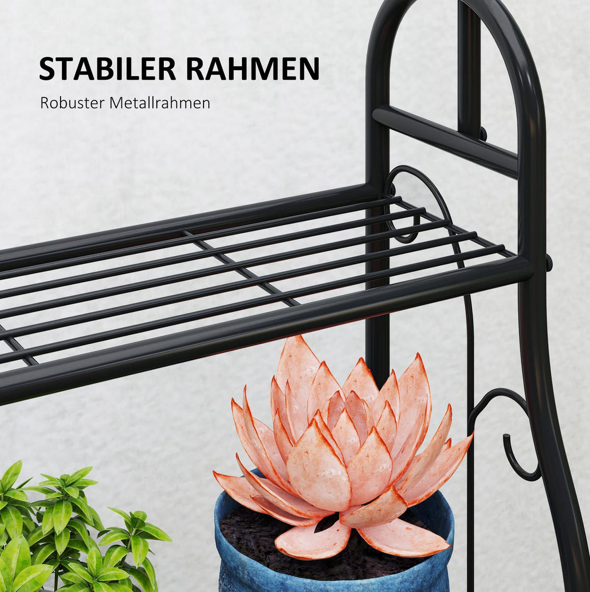 PFLANZENSTÄNDER 75/25/137 cm mit 3 Ebenen, Hängestange und Haken aus Metall, platzsparend, Schwarz - Schwarz, Metall (25/137/75cm) - Redom