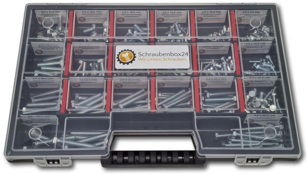 SECHSKANTSCHRAUBEN Sortiment M4-M5-M6 // 8mm-50mm 350 tlg. Schraubenbox DIN 933/ISO 4762 - Zinkfarben, Metall (3.5cm) - Schraubenbox24