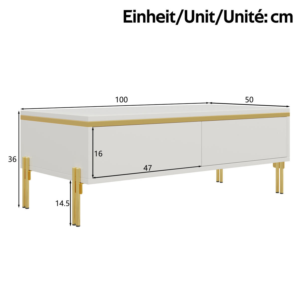COUCHTISCH 100/50/36 cm in Weiß Hochglanz mit Doppelschubladen - Weiß, Holzwerkstoff (100/50/36cm) - Flora Grace