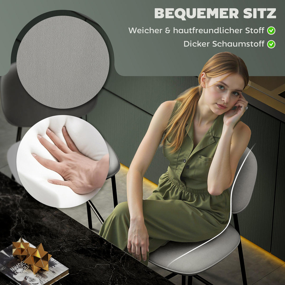 2ER-SET Barhocker, Bistrohocker mit Fußstütze, Samt-Bezug Stahlbeinen Hellgrau - Hellgrau/Schwarz, Textil/Metall (45/102/49cm) - HOMCOM