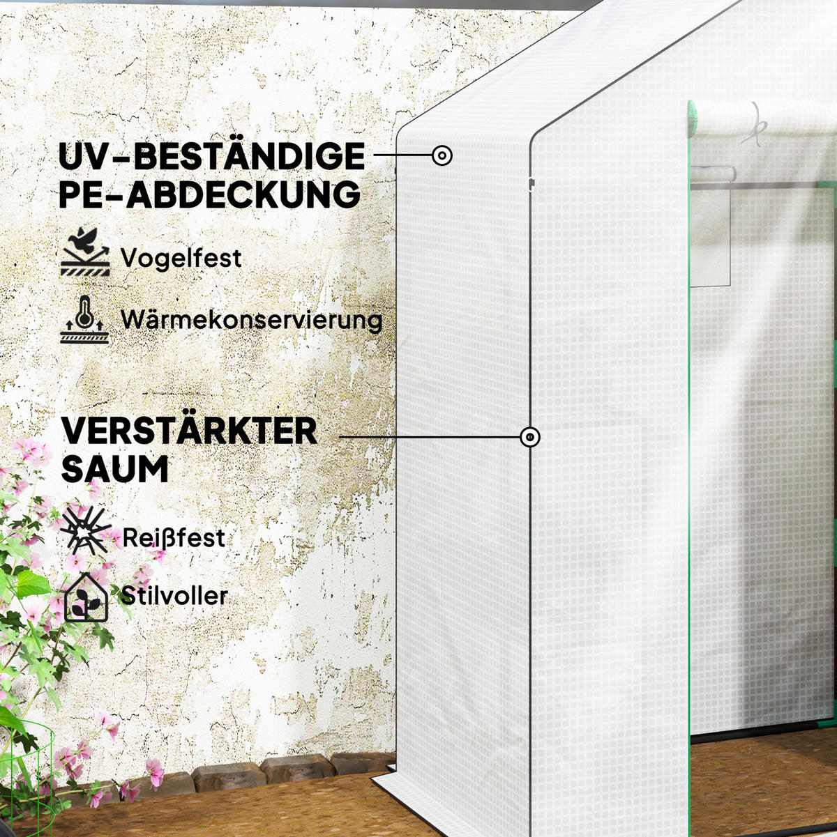 GEWÄCHSHAUS 143/190/74 cm Weiß aus Kunststoff mit Rolltür und Regalen - Weiß, Kunststoff (74/190/143cm) - OKMYHOME