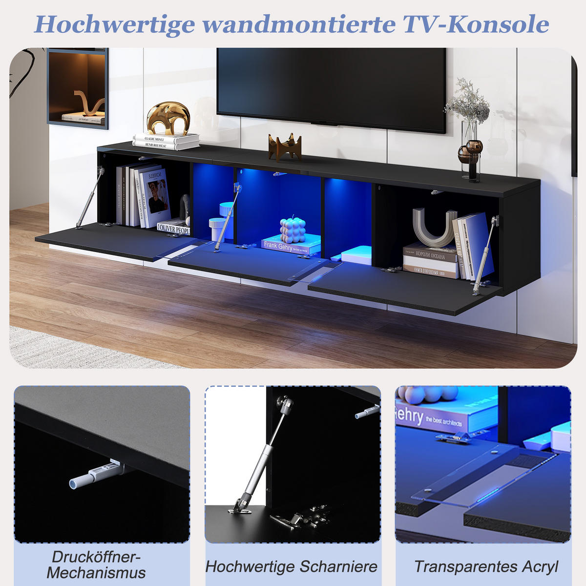 TV-SCHRANK Wandmontiert LED Hochglanz 3 Türen Schwarz - Schwarz, Holzwerkstoff (180/30/35cm) - FLIEKS