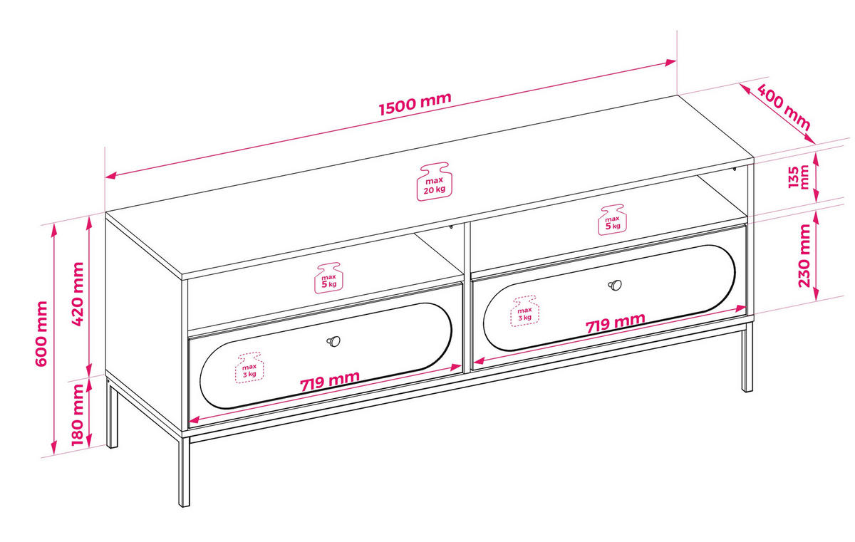 TV-SCHRANK, Kaschmir, 150 x 40 x 60 cm - Kaschmir, Holzwerkstoff (150/60/40cm) - 3XE LIVING