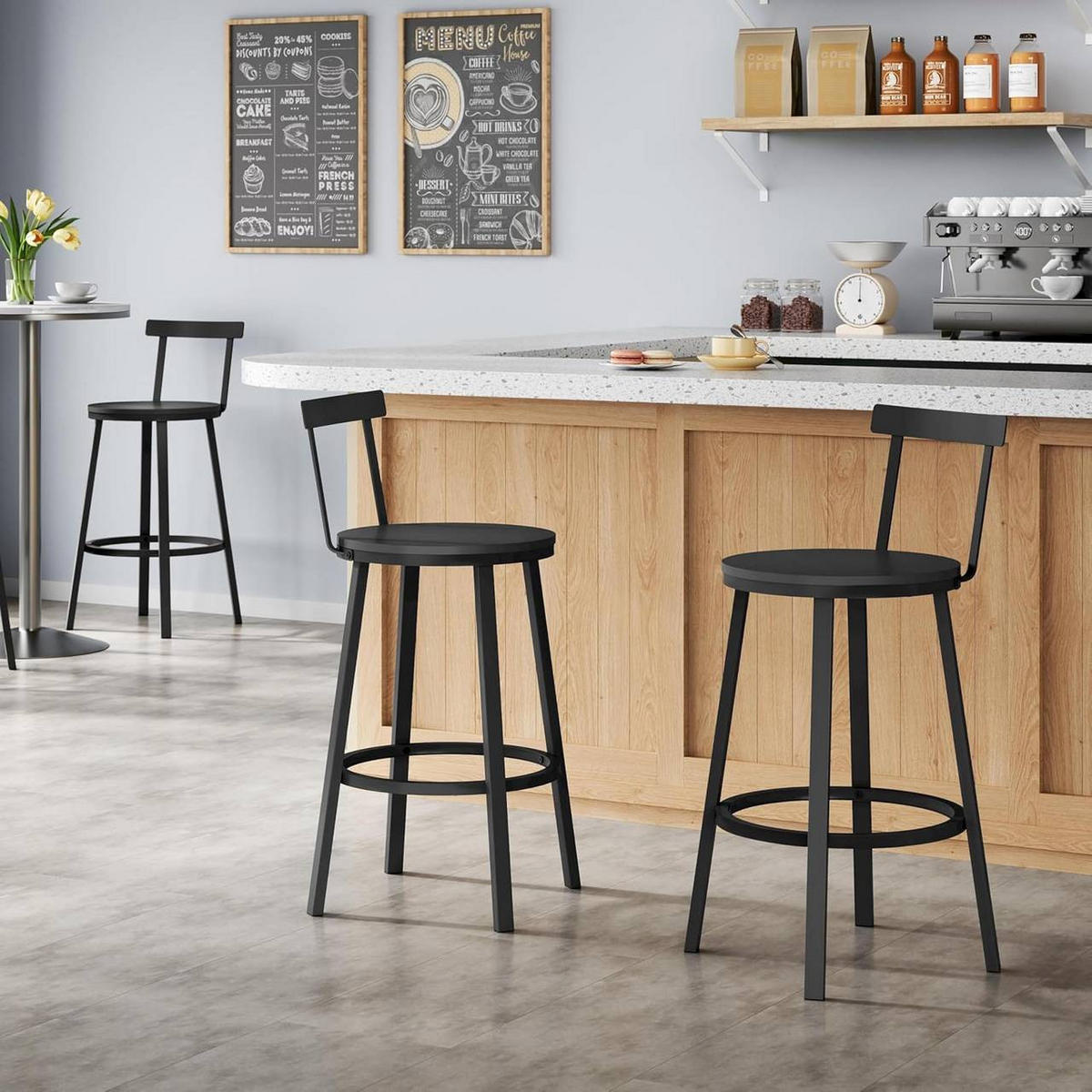 BARHOCKER 6er Set mit Lehne, Schwarz - Schwarz, Holzwerkstoff/Metall (51.5/89/51.5cm) - Woltu