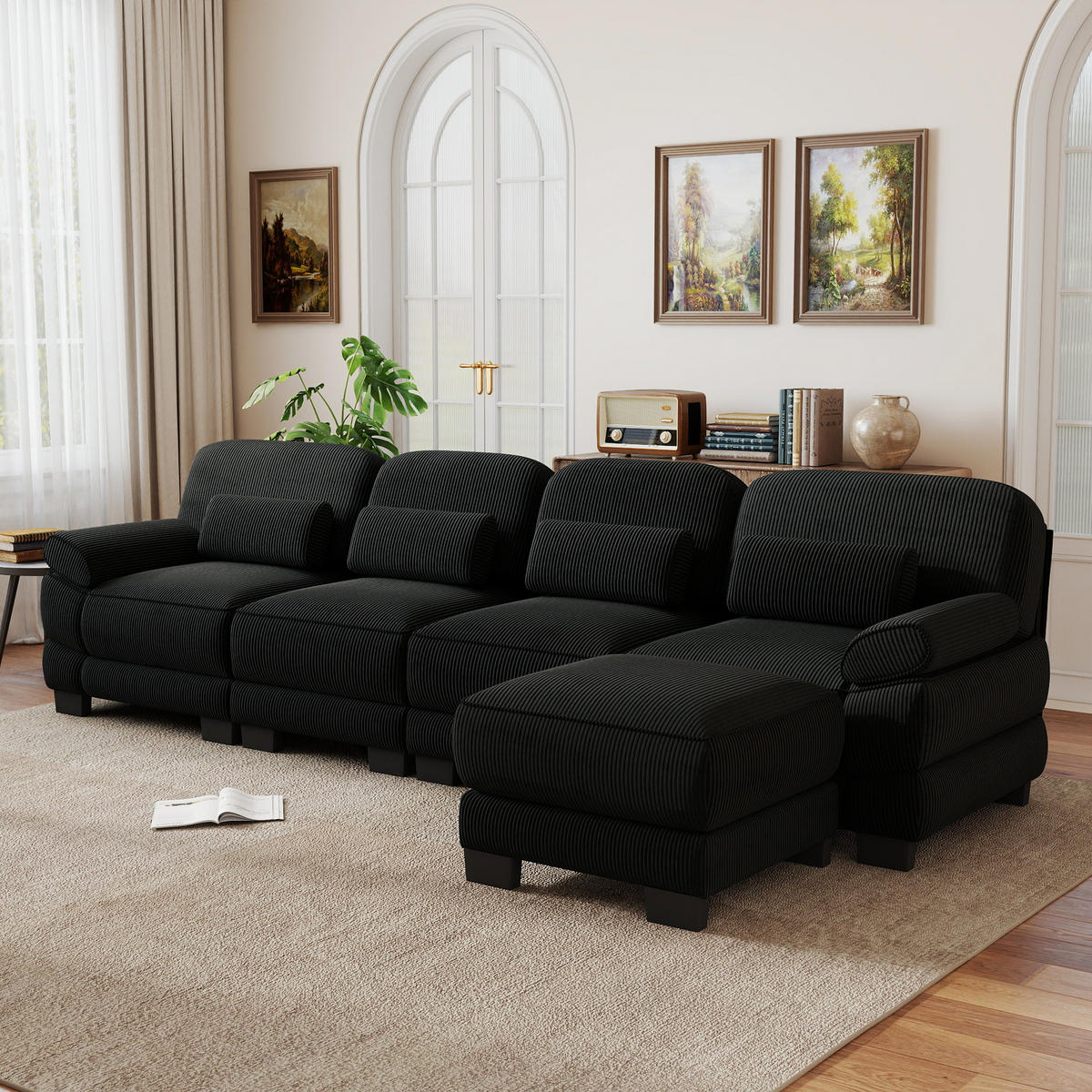 ECKSOFA 4-Sitzer L-Form mit Hocker, DE-42659, Schwarz - Schwarz, Holz (336/161cm) - ComfortXL