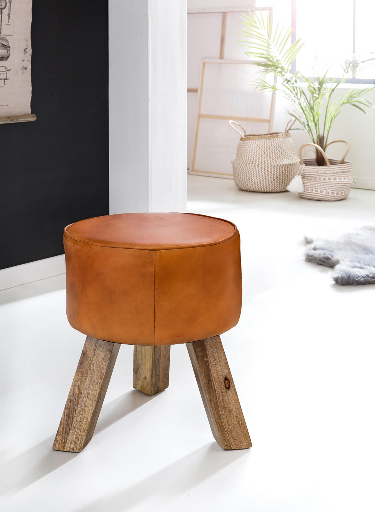 SITZHOCKER – Ziegenleder/Holz, 45 cm, Country-Stil - Braun, Mangoholz/Leder (37/45/37cm) - KADIMA DESIGN