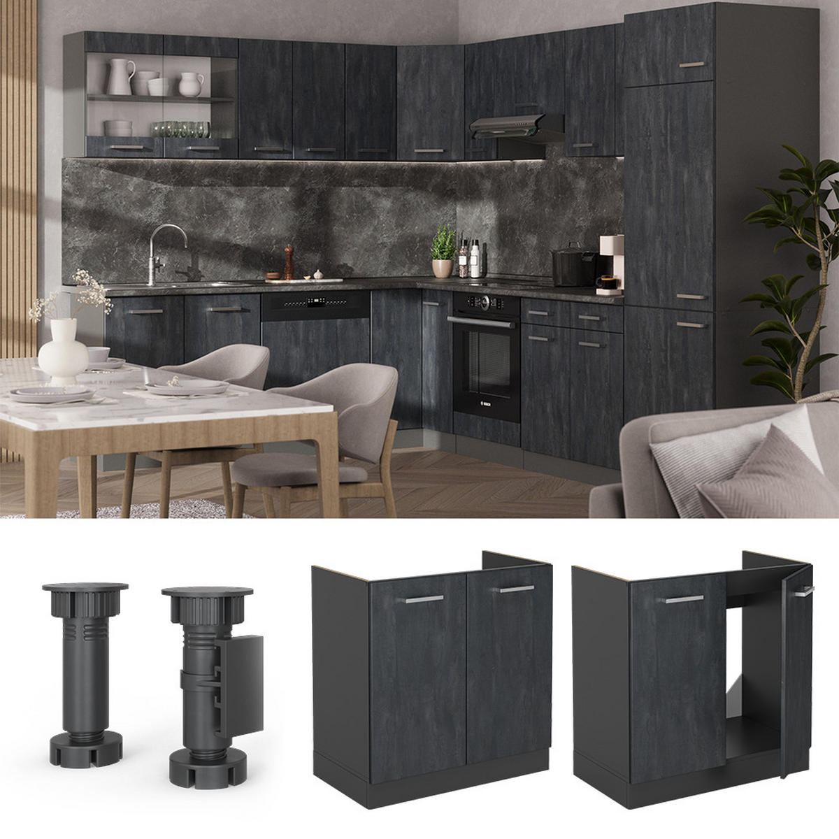 SPÜLENUNTERSCHRANK R-Line Schwarz Beton 80 cm AP Eiche - Anthrazit/Schwarz, Holzwerkstoff (80/81.6/60cm) - Vicco