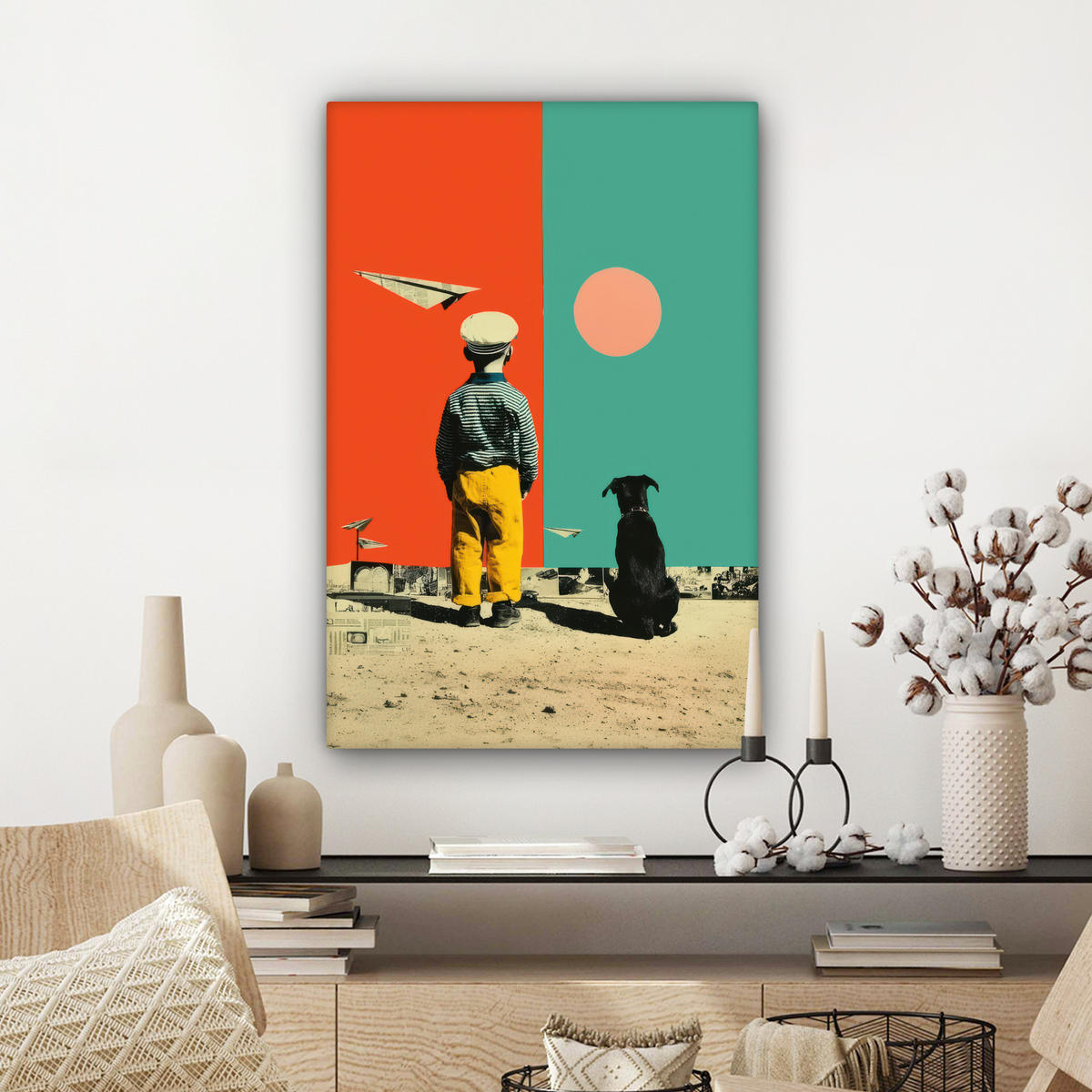LEINWANDBILD Retro - Junge - Hund - Rot - Grün Wanddeko Schlafzimmer 60x90 cm - Orange, Textil (60/90cm) - MuchoWow