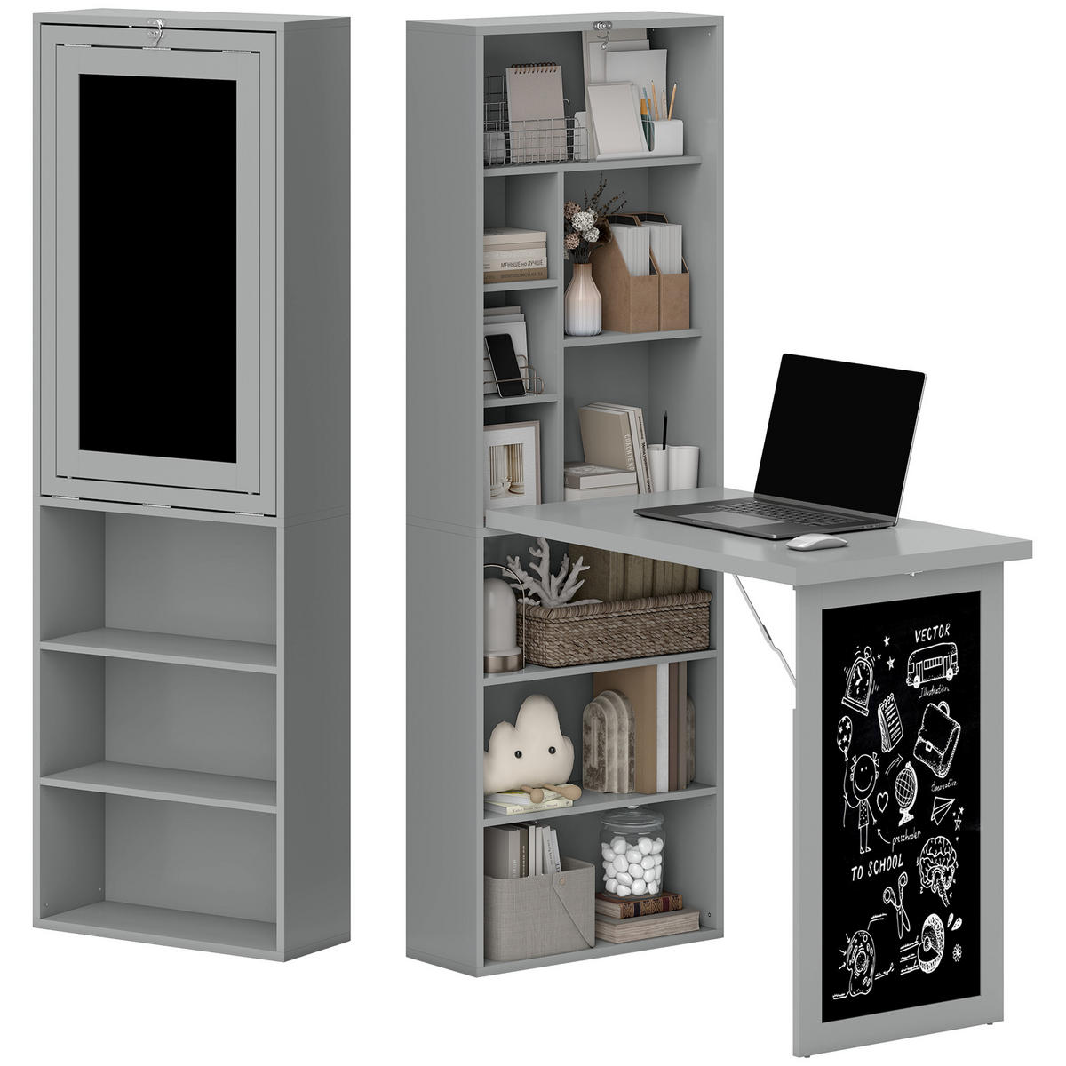 SCHREIBTISCH Holzoptik klappbar mit Regal und Tafel 98/51/153 cm - Grau, Holzwerkstoff (51/98/153cm) - PANGIVO