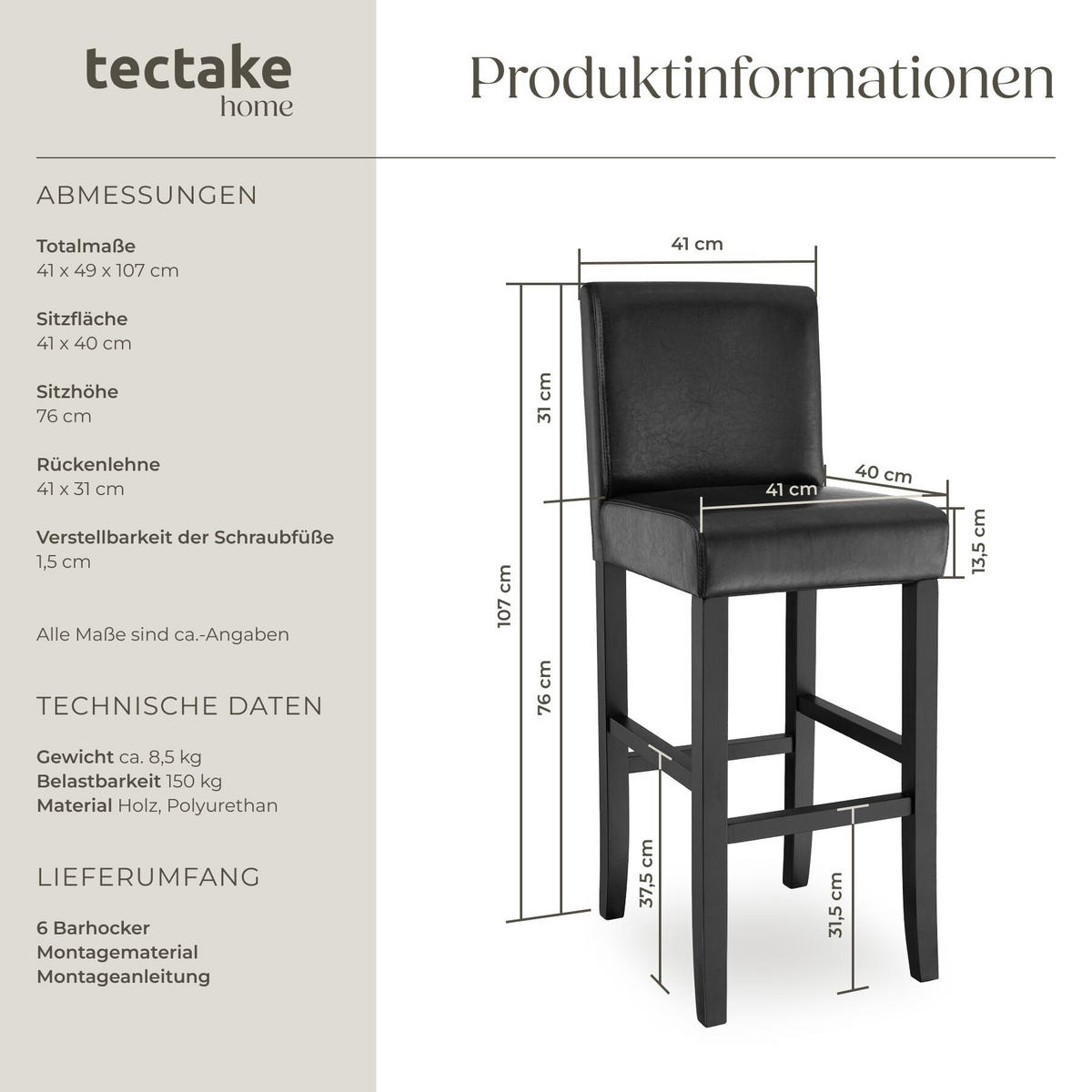 BARHOCKER 6er Set Kunstleder, Sitzhöhe 76 cm, antikbraun - Schwarz, Leder/Holz (40/107/41cm) - tectake
