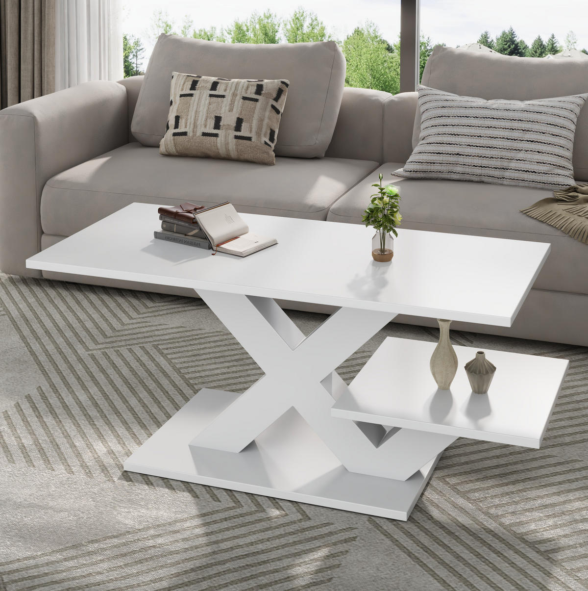 COUCHTISCH aus MDF 100x48x45 cm Weiß Hochglanz mit 2 Ablageflächen und X-Gestell - Weiß, Holzwerkstoff (100/48/45cm) - IVMEU