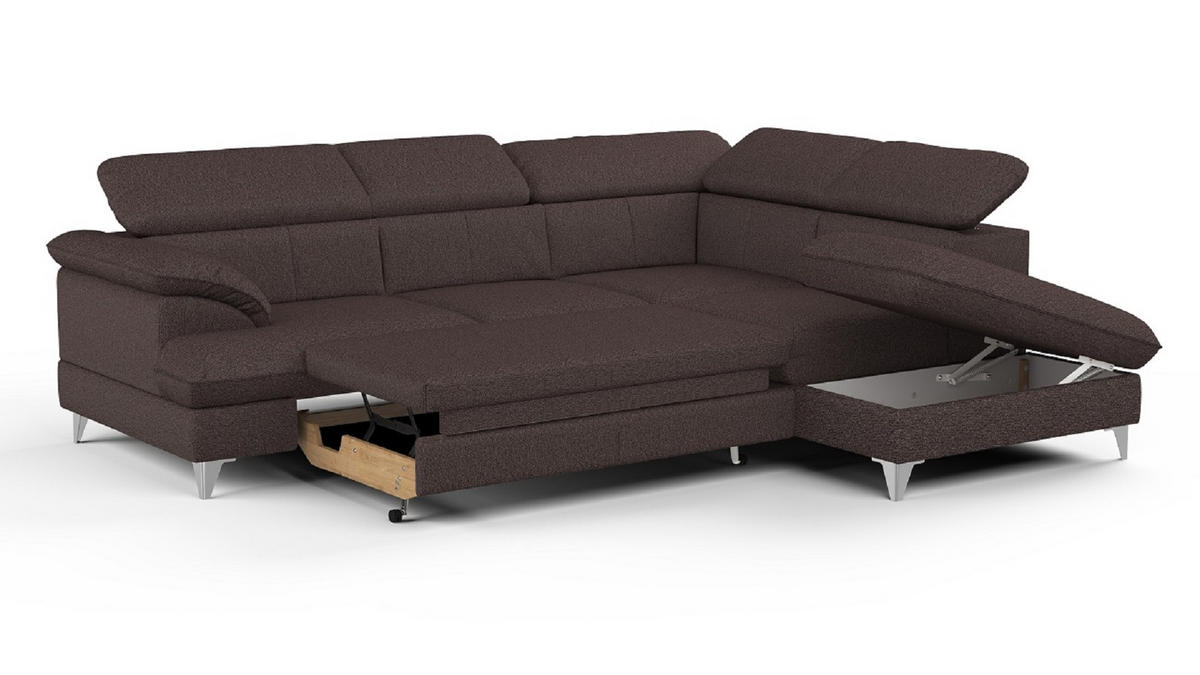 ECKSOFA mit Schlaffunktion und Bettkasten, verstellbare Kopfstützen - Chromfarben/Dunkelbraun, Textil/Metall (208/256cm) - Cotta