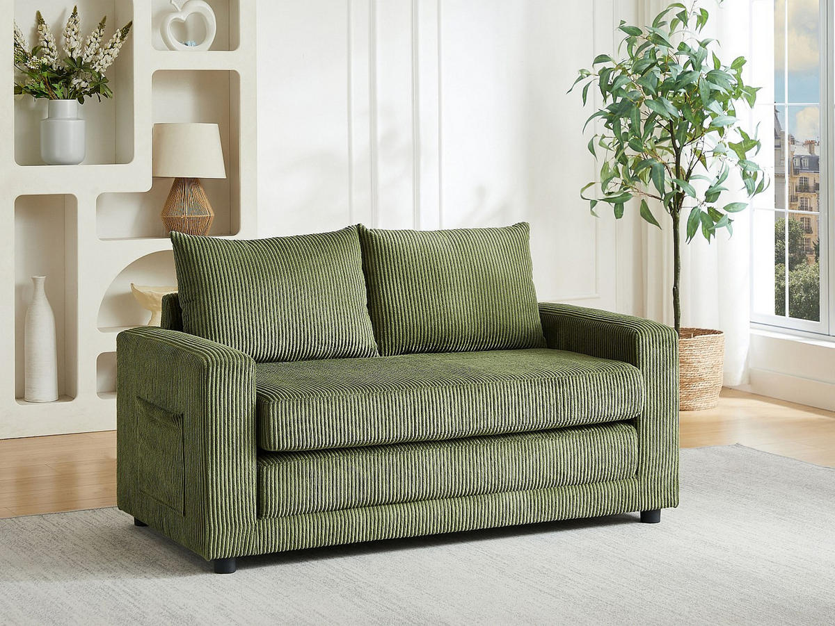SCHLAFSOFA 2-Sitzer, Cord-Velours, Kaki-Grün - MIRTO - Grün, Textil (145/82/76cm) - Vente-Unique