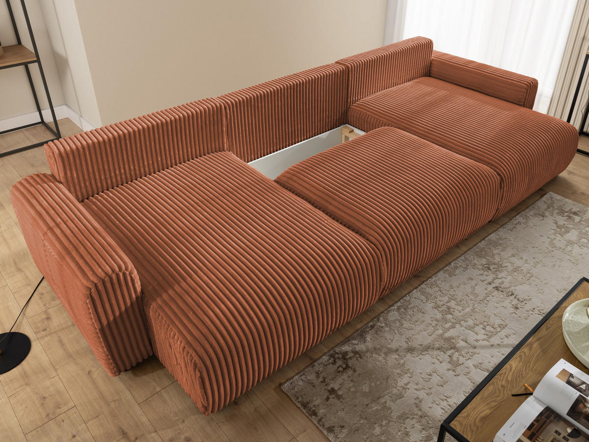 WOHNLANDSCHAFT Calma mit Schlaffunktion und Bettkasten im Bumpy-Design aus weichem Terrakotta Plüschcord - Beige/Terracotta, Holz/Textil (336/88/140cm) - S-Style