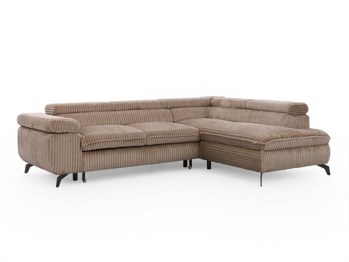 ECKSOFA mit Schlaffunktion und Bettkasten Bonnie aus Beige Cord-Stoff mit verstellbaren Kopfstützen und Armlehne - Ottomane rechts - Ecru/Beige, Holz/Textil (275/210cm) - S-Style Möbel