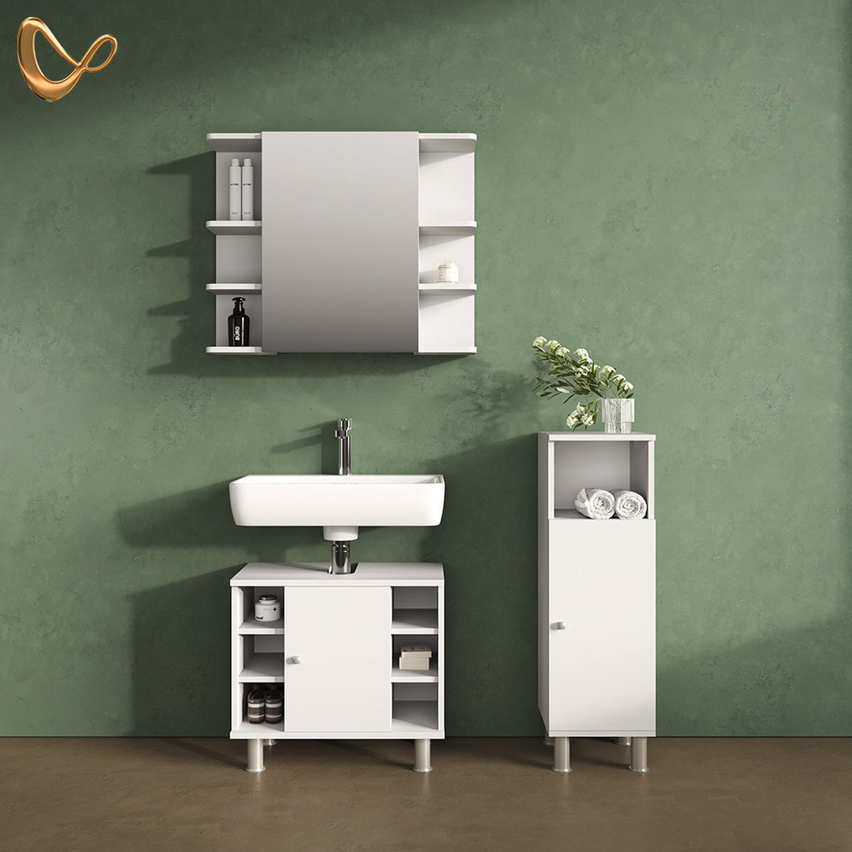 BADMÖBEL-SET Fucino Weiß 3 Teile, mit Midischrank - Weiß, Holzwerkstoff (60/54/32cm) - Livinity®