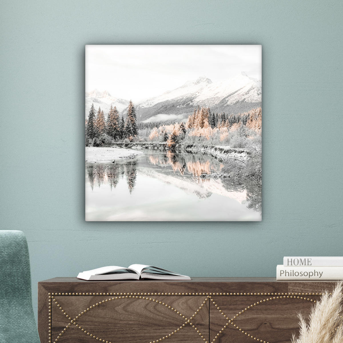 LEINWANDBILD Natur - Winter - Bäume - Berge - Schnee Wandbild Wohnzimmer 50x50 cm - Weiß Hochglanz, Textil (50/50cm) - MuchoWow