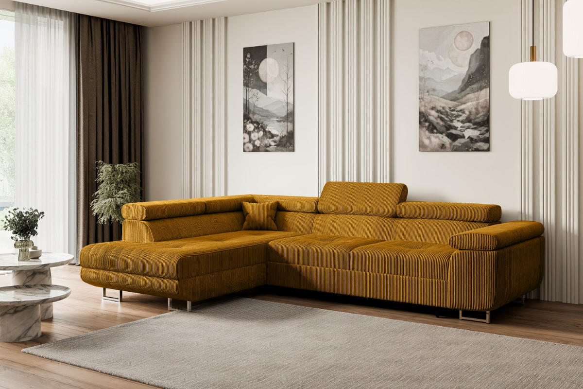 ECKSOFA mit Schlaffunktion und Bettkasten GUSA-L 272x202x107 cm Senfgelb Cord - Gelb/Silberfarben, Holzwerkstoff/Textil (202/272cm) - ALTDECOR