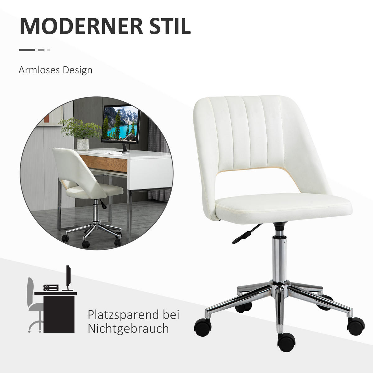 BÜROSTUHL Drehstuhl Jakobsmuschel-Form verstellbar Samtartiges Polyester - Chromfarben/Creme, Textil/Metall (60/91/49cm) - Vinsetto