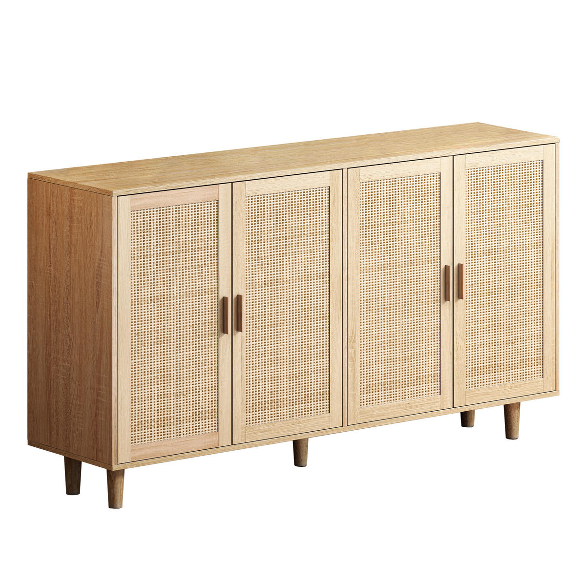 SIDEBOARD Rattanoptik Natur mit 4 Türen & Massivholzbeinen - Eiche San Remo, Holzwerkstoff (158/88/40cm) - Urban Meuble