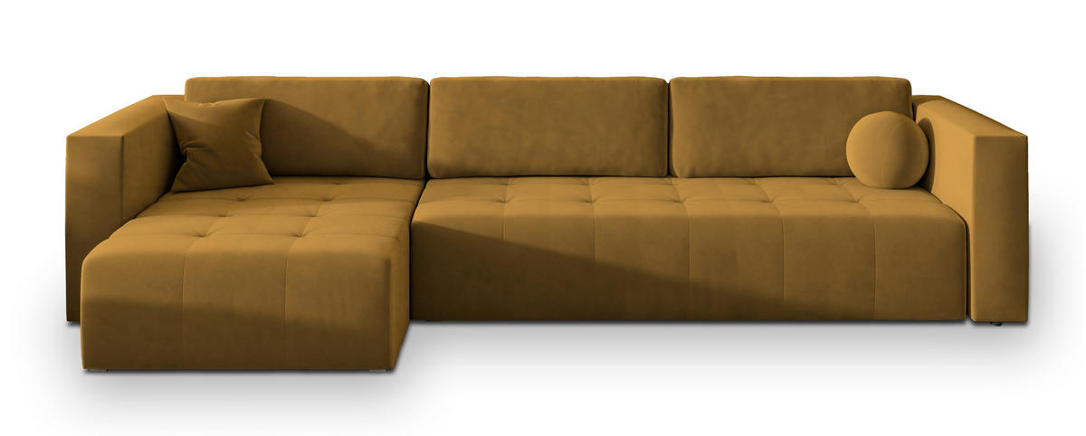 ECKSOFA OLVERA Gelb Plüsch-Stoff mit Schlaffunktion - Gelb, Holz (347/148cm) - MASSENO