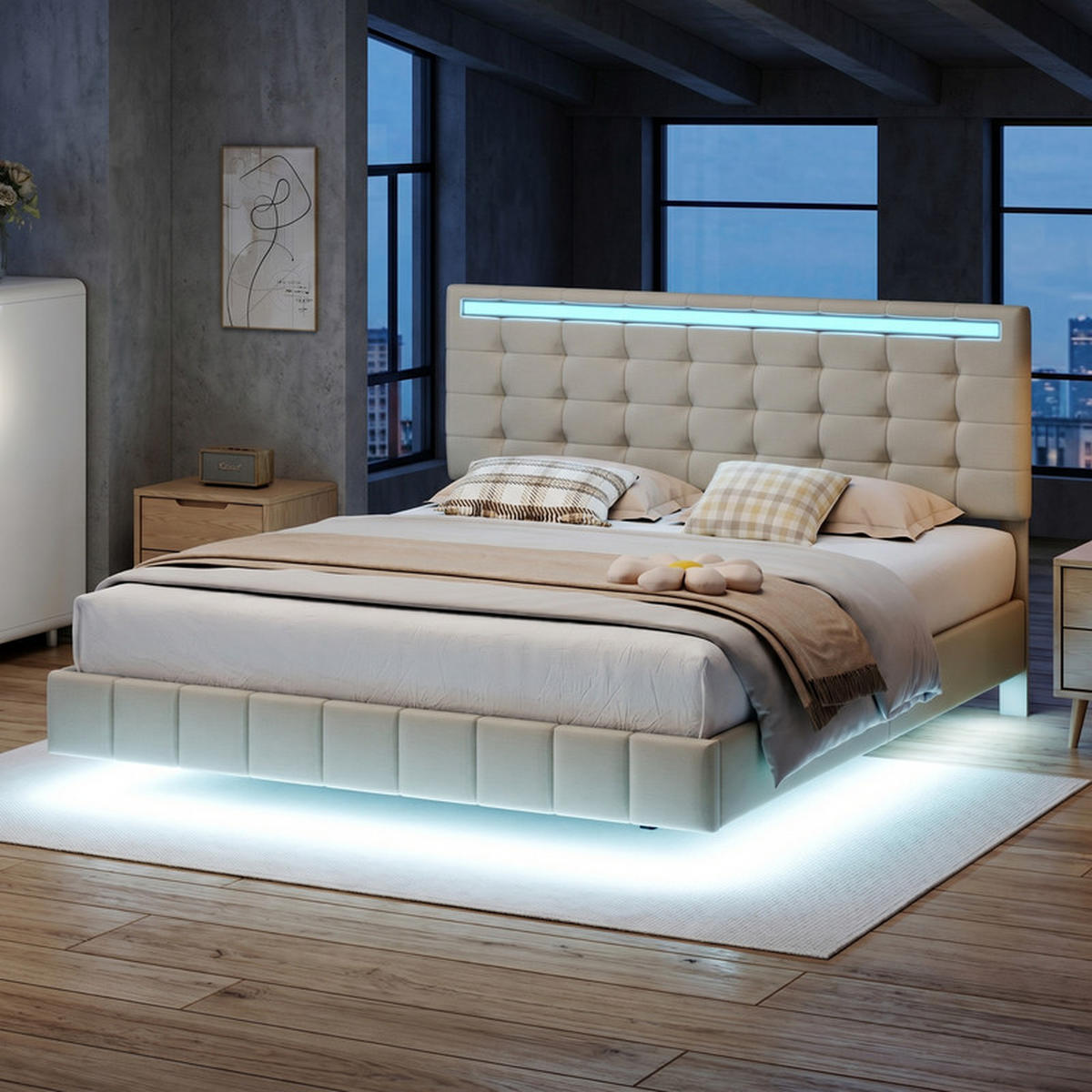 POLSTERBETT 160x200 cm beige Leinenoptik mit LED, USB-Anschlüssen & Lattenrost - Beige, Holz - SHOPENTRA