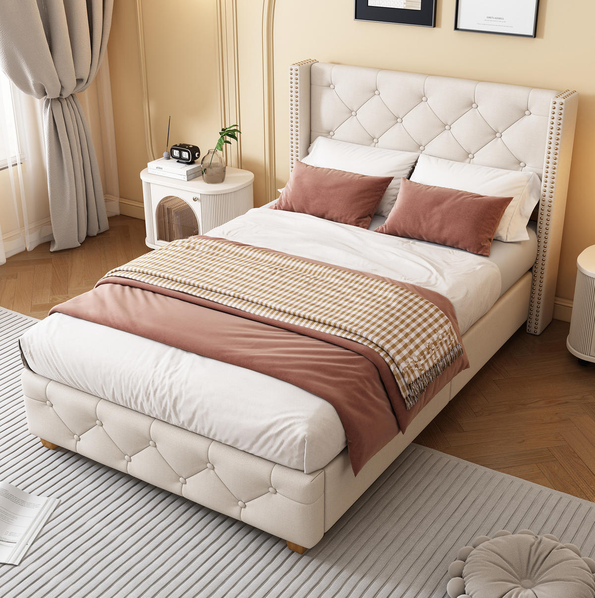POLSTERBETT 90/200 cm in Beige aus Leinen mit Knopfheftung und Nieten - Beige, Textil (90/200cm) - Flora Grace