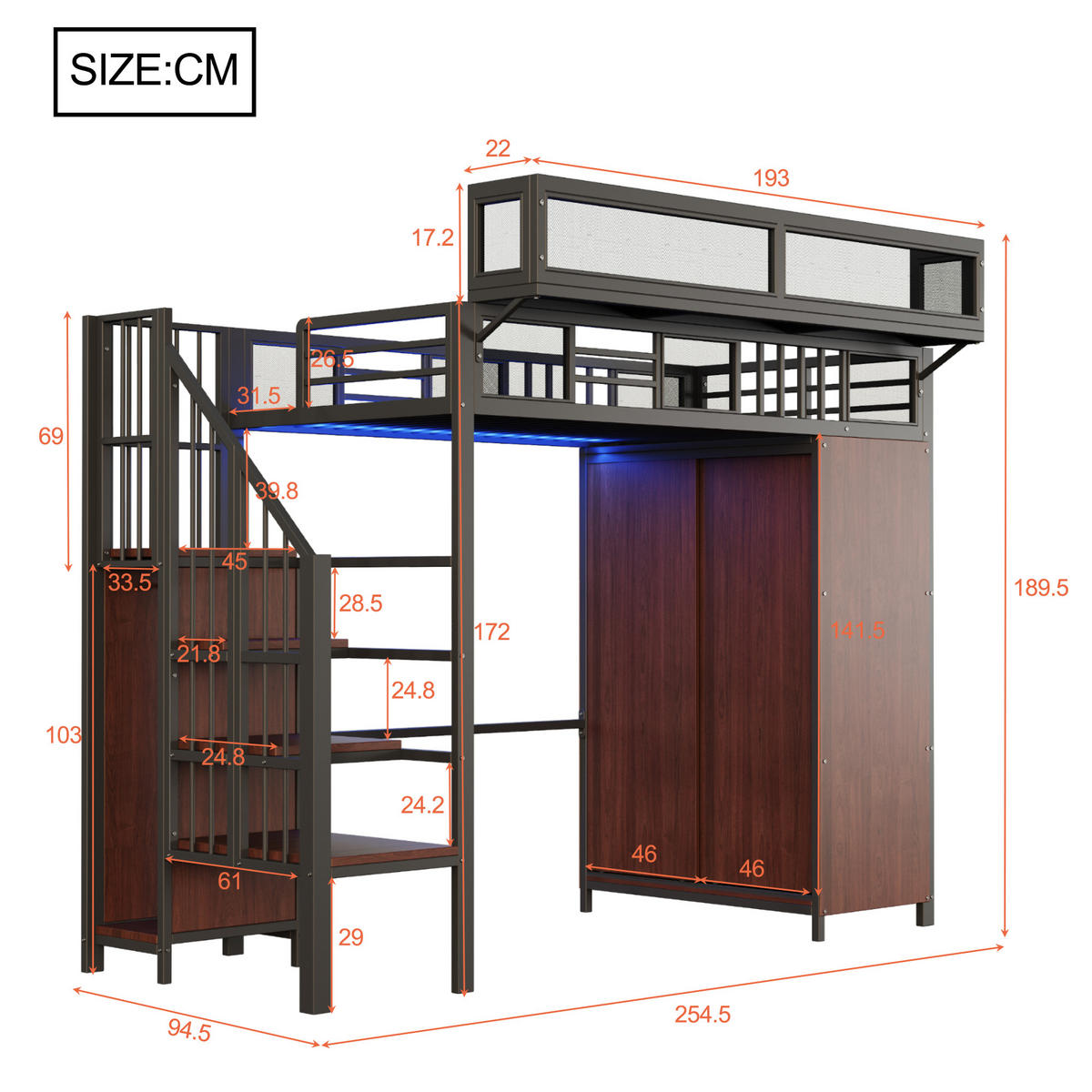HOCHBETT 90/200 cm Schwarz mit Kleiderschrank mit LED-Beleuchtung aus Metall und Holz - Schwarz, Metall (90/200cm) - OKWISH