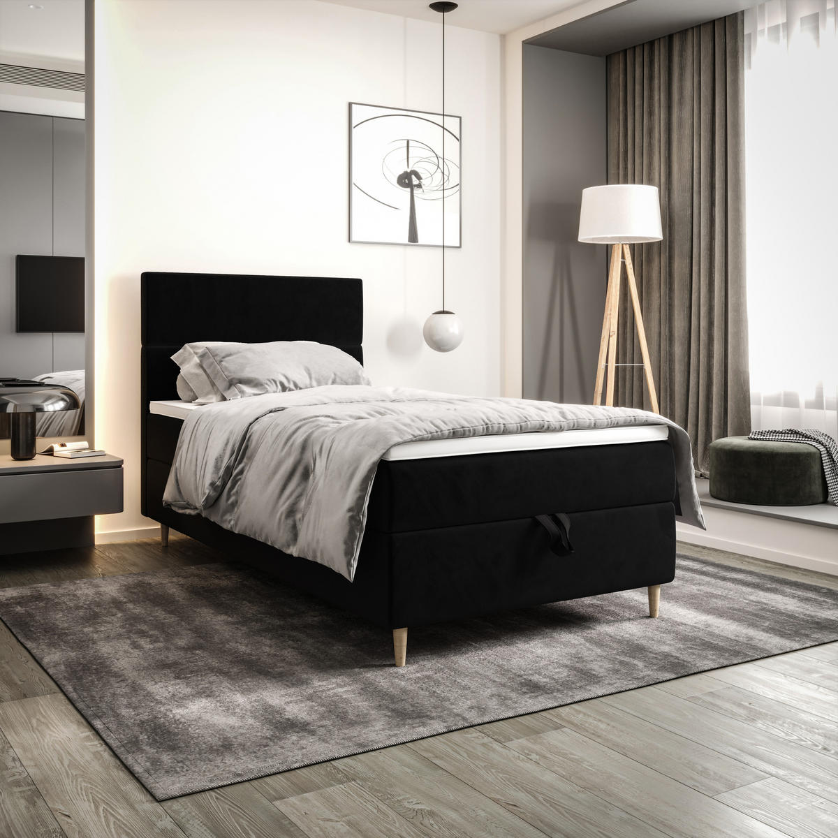 BOXBETT FLO 90x200 Itaka 15, mit Matratze H3, Bonell und Topper, Schwarz - Schwarz, Holz/Textil (90/200cm) - Bedante