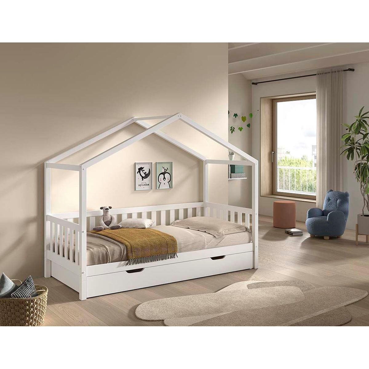 HAUSBETT Kapua 90x200 mit Bettschublade Kiefer Massivholz Weiß - Weiß, Holz (90/200cm) - 58aufmkessel