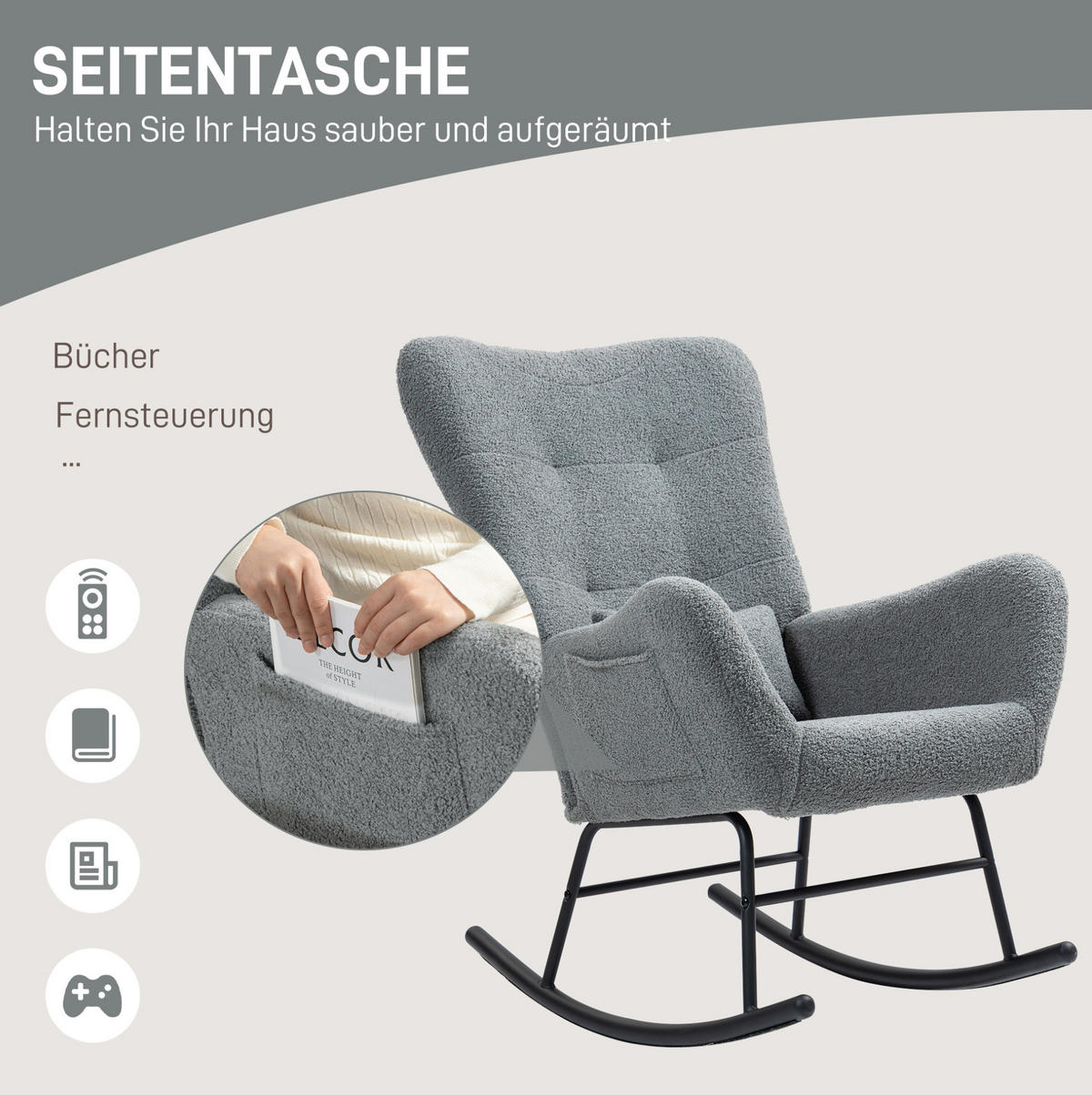 SCHAUKELSTUHL 67/95/100 cm in Grau mit Teddystoff und Seitentasche - Grau, Textil (67/100/95cm) - Flora Grace