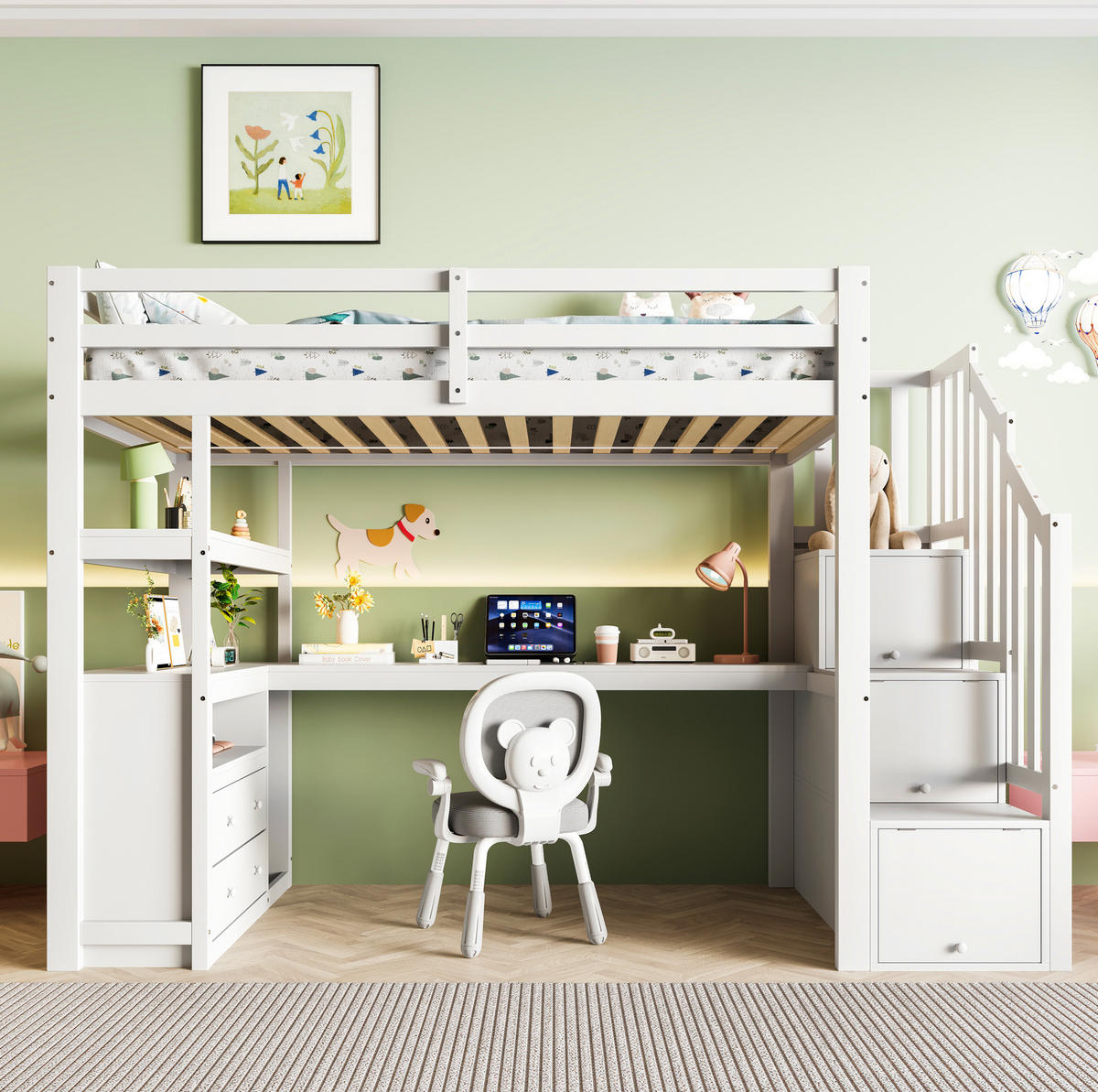 HOCHBETT mit Schreibtisch 90/200 cm in Weiß – mit Stauraumtreppe und Schubladen - Weiß, Holz (90/200cm) - BEAOK