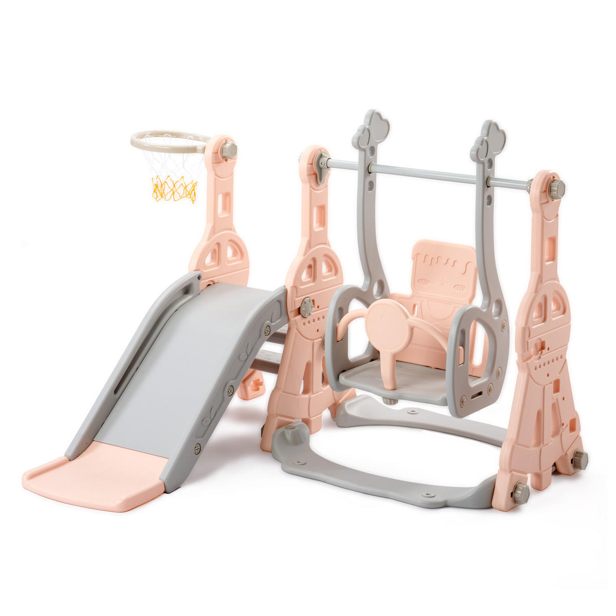 KINDERRUTSCHE 4 in 1 Schaukel Basketball Kletterleiter rosa grau - Rosa, Holz (70/102/70cm) - LEBENLANG