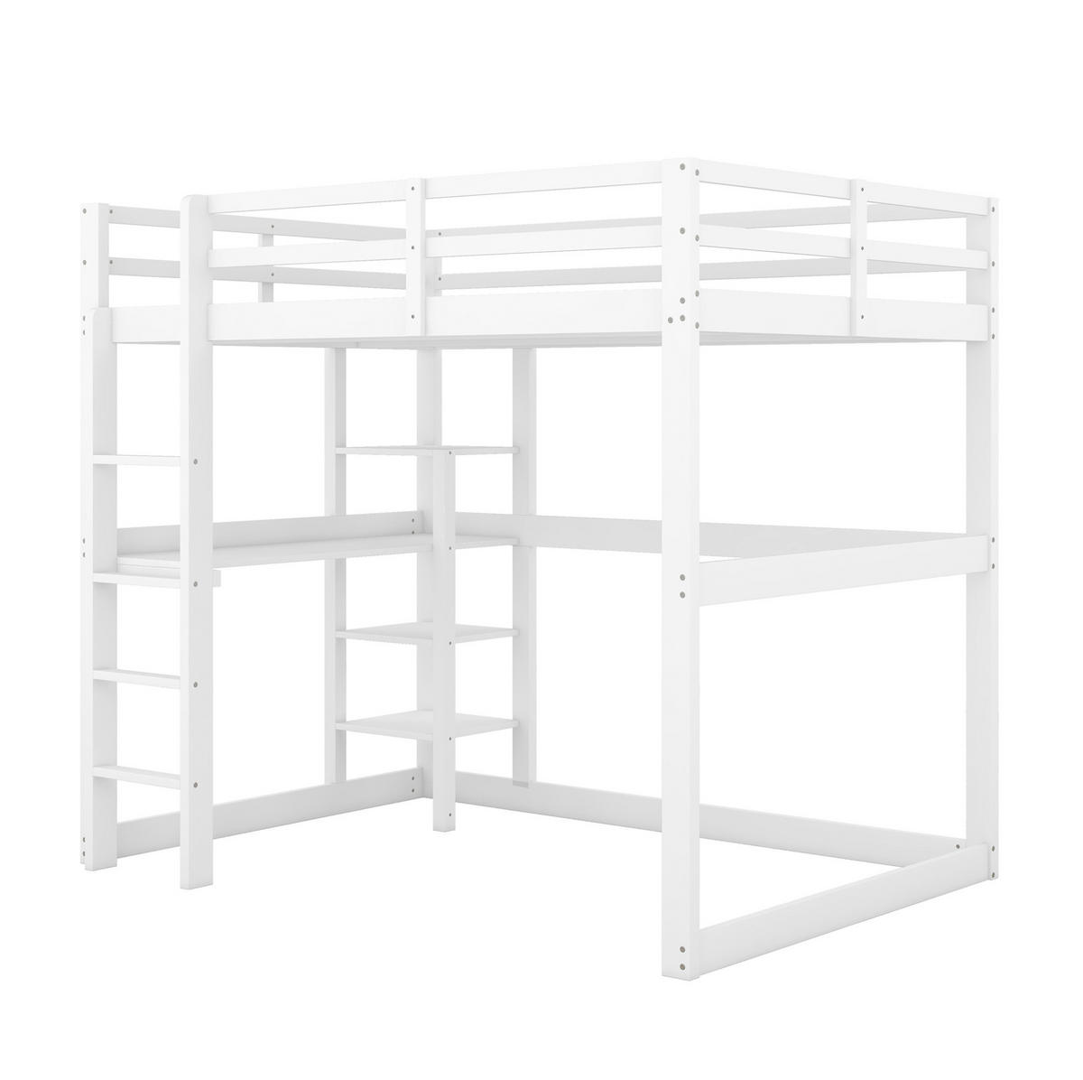 HOCHBETT aus Kiefernholz und MDF 140x200 cm Antikweiß mit Schreibtisch und 4 Ablagefächern - Weiß, Holzwerkstoff (140/200cm) - IVMEU