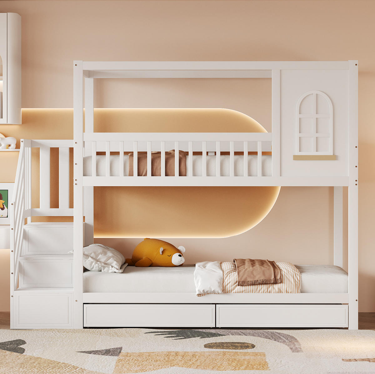 ETAGENBETT 90/200 cm Weiß mit Sicherheitszaun und Stauraum - Weiß, Holz (90/200cm) - OKWISH