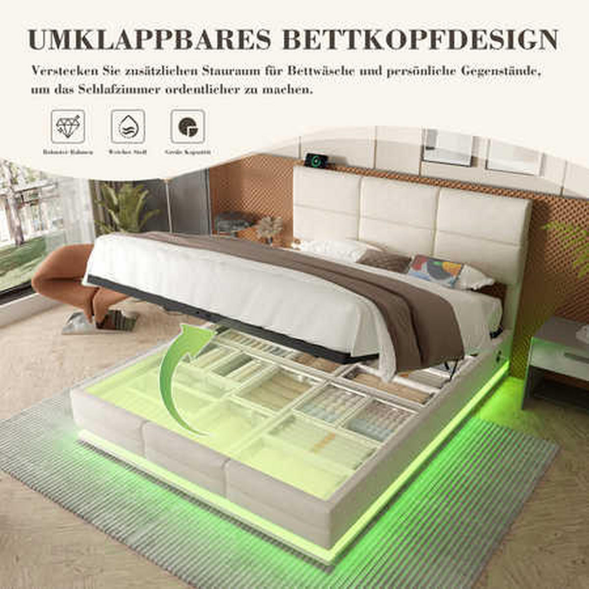 POLSTERBETT 140x200cm Beige Velours mit höhenverstellbarem Kopfteil, dimmbarer LED, USB/Type-C und hydraulischem XXL-Stauraum - Beige, Textil (140/200cm) - Luhomfu