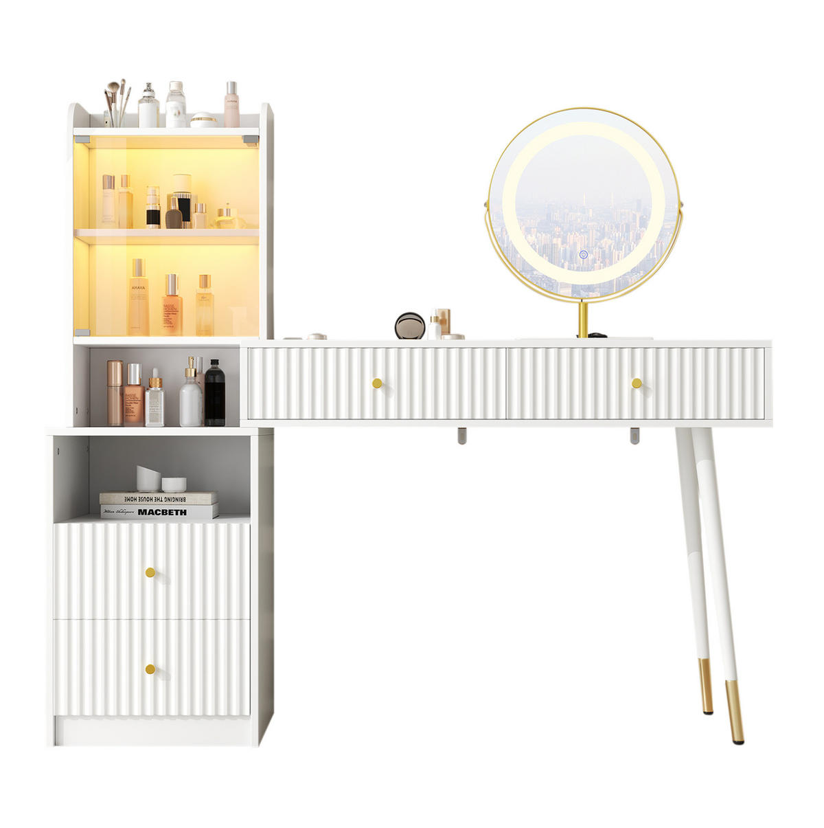 SCHMINKTISCH 100/40/125 cm in Weiß mit LED-Spiegel und viel Stauraum - Weiß, Holzwerkstoff (100/125/40cm) - Flora Grace