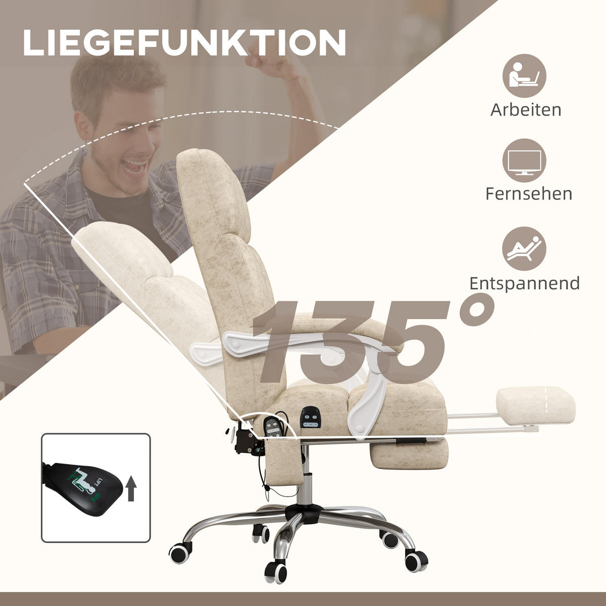 BÜROSTUHL mit Vibrationsmassage Ergonomischer Schreibtischstuhl mit Wärmfunktion - Beige, Kunststoff (74/118/64cm) - Vinsetto