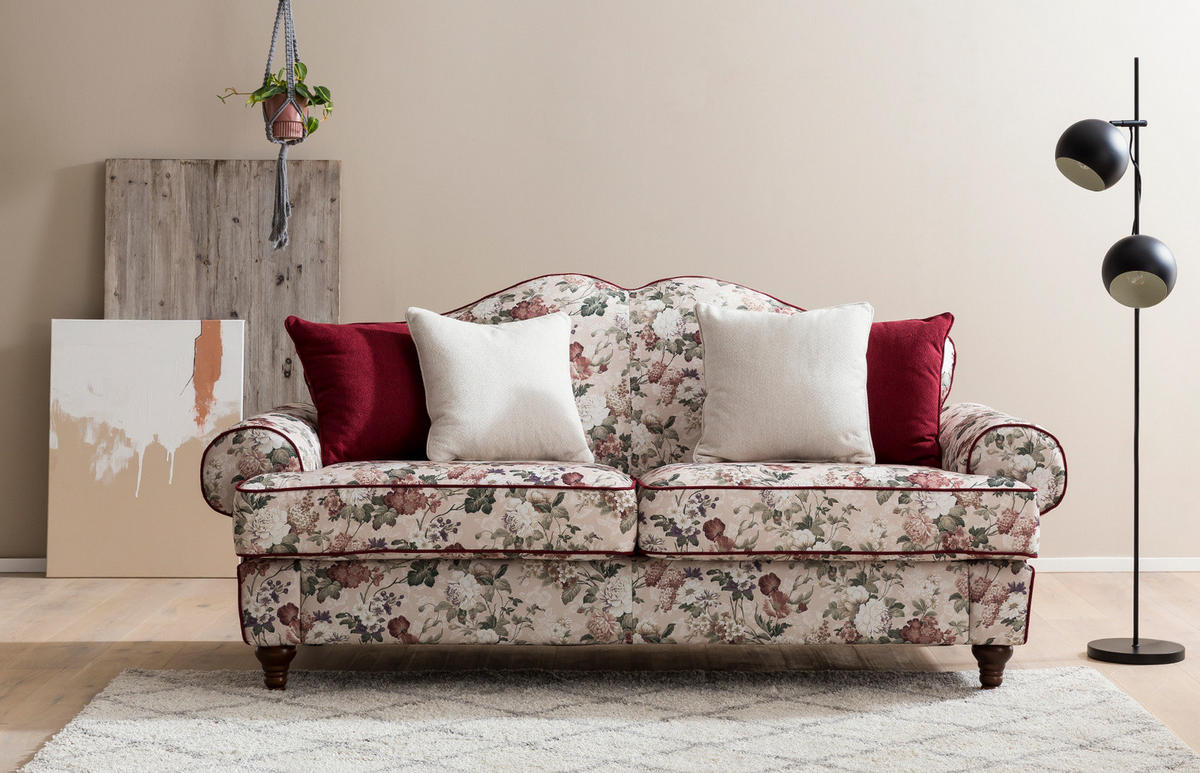 SOFA 3-SITZER creme Landhaus, Blumen Design, Couch 200 cm - Rot/Multicolor, Holz/Textil (200/96/90cm) - Furn.Design
