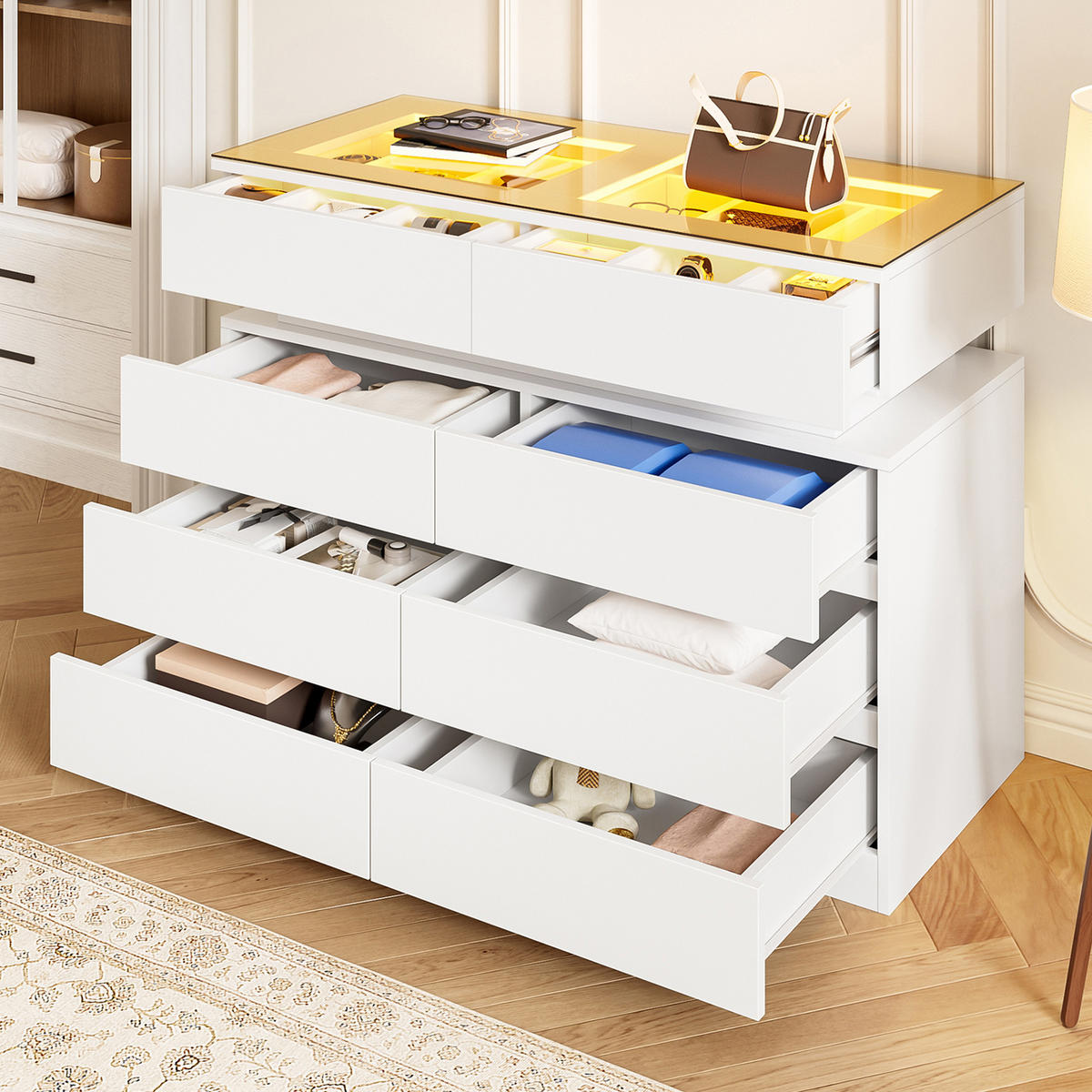 SIDEBOARD LED Glas 8 Schubladen Unterteilung Weiß 100cm Modern - Weiß, Glas (100/76/45cm) - FLIEKS